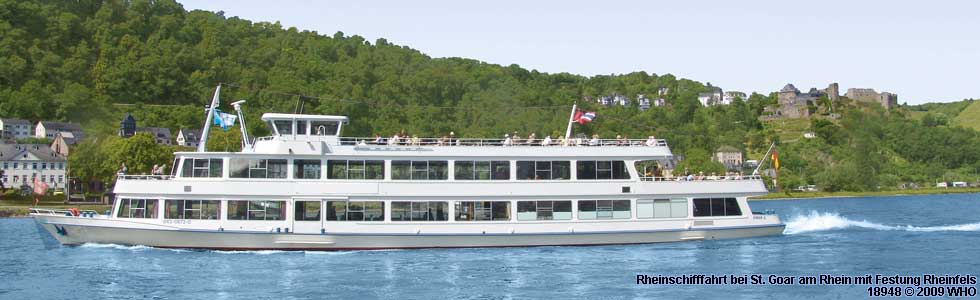 Germany Tourism, Rhine River day boat cruise near St. Goar with castle Rheinfels.